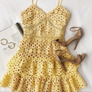 LULUS BEAUTY + LACE YELLOW LACE MINI DRESS